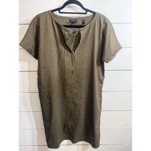 THEORY Slit Front LINEN BLEND Shift Dress OLIVE GREEN Color SZ 8